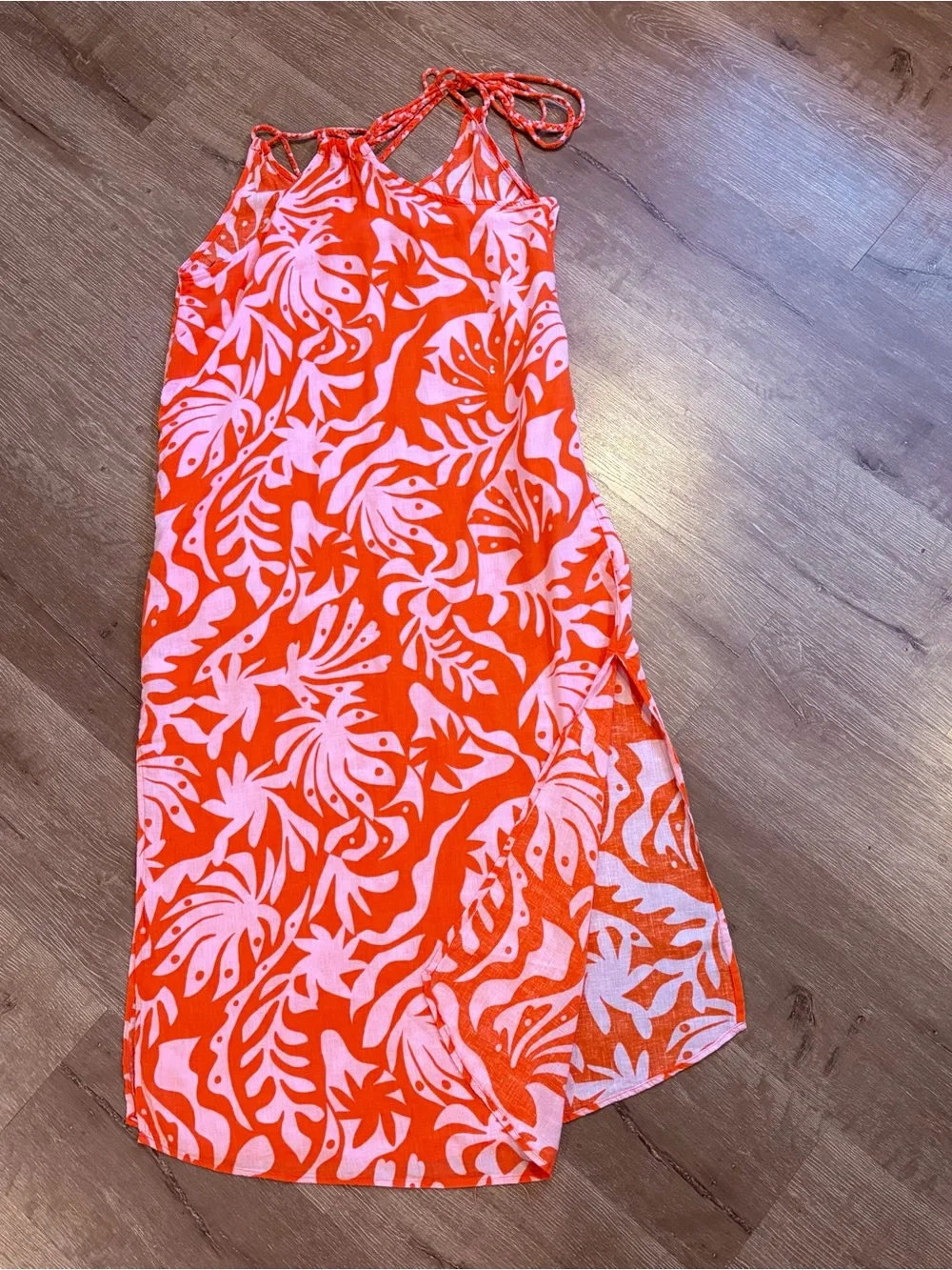 Women’s Orange Print Spaghetti-Strap Maxi Dress Relaxed lightweight fit Sz S